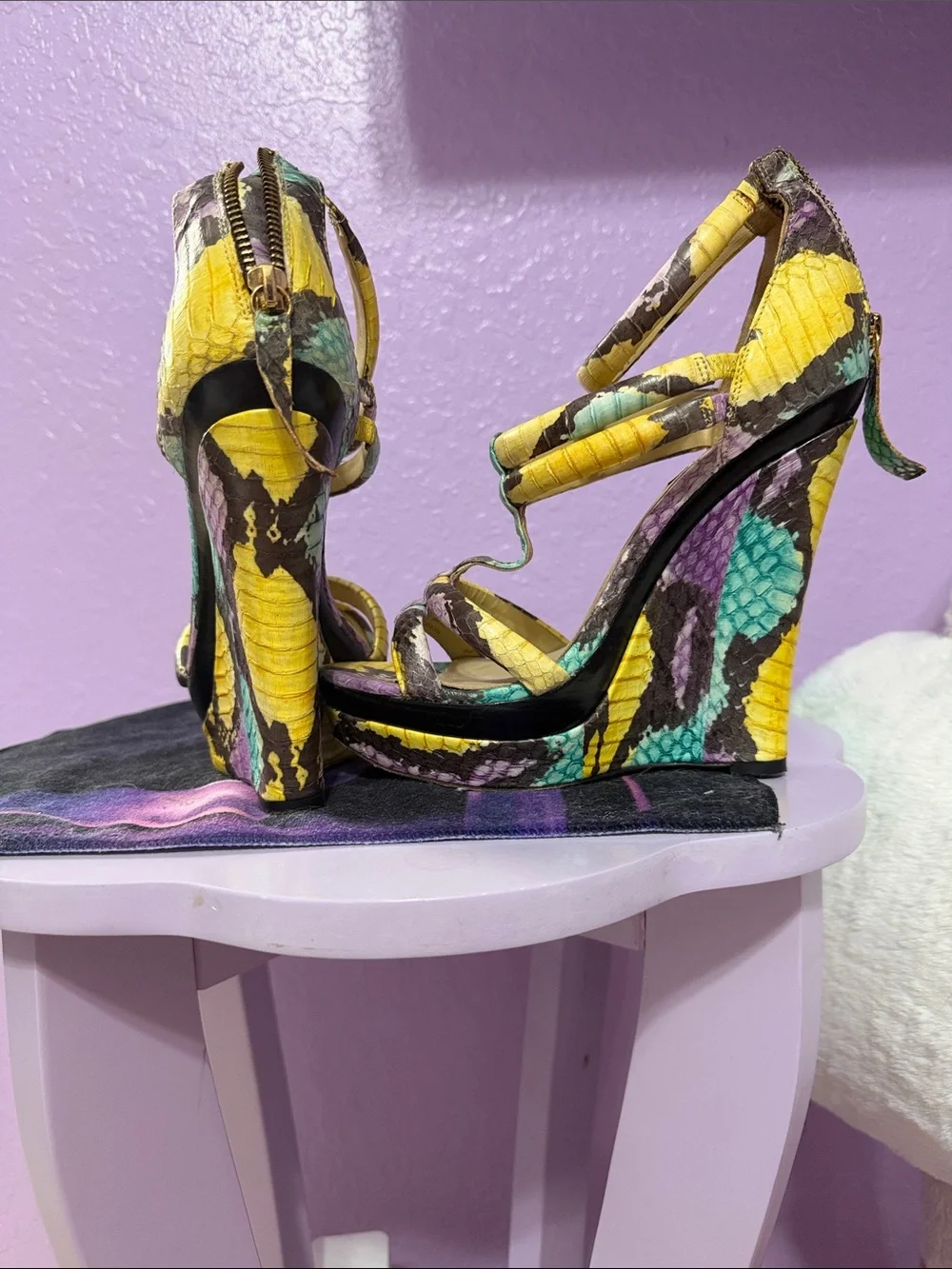 Rachel Zoe Yellow Teal Purple Snake-Print Platform Wedges